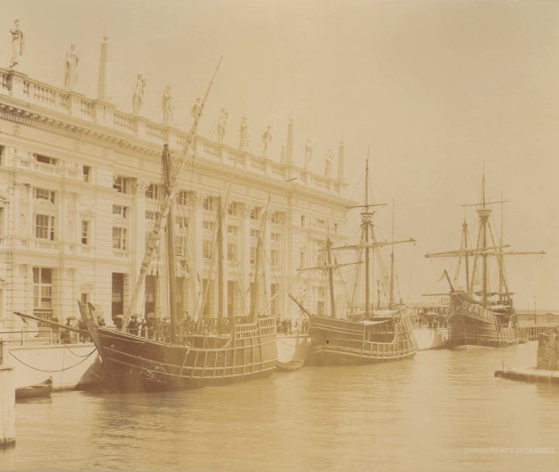 Nina, Pinta, and Santa Maria replicas, World's Columbian Exposition, Chicago, 1893