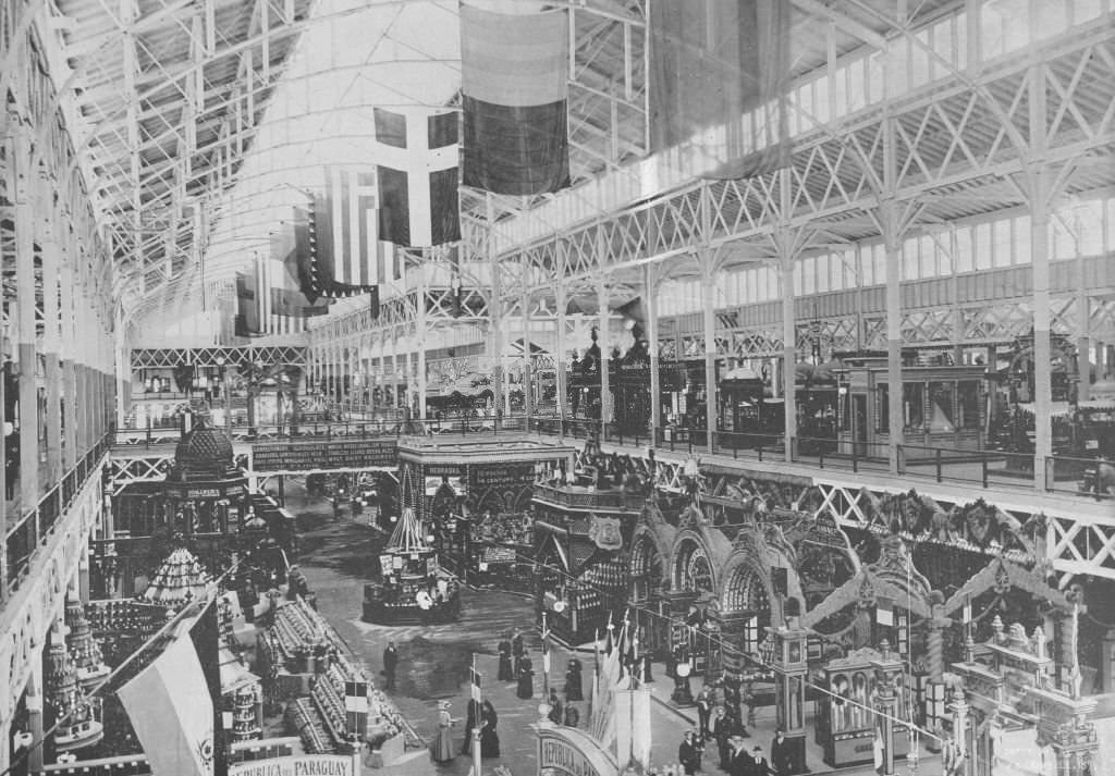 The central avenue in the interior of the Agricultural Building, the Paraguay Exhibit at the World's Columbian Exposition in Chicago, 1893.