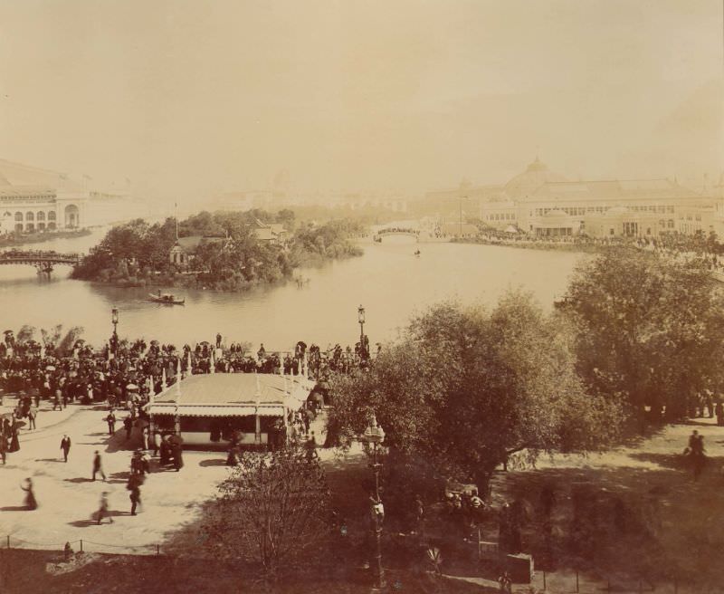 View over the lagoon from Illinois State Building, World's Columbian Exposition, Chicago, 1893