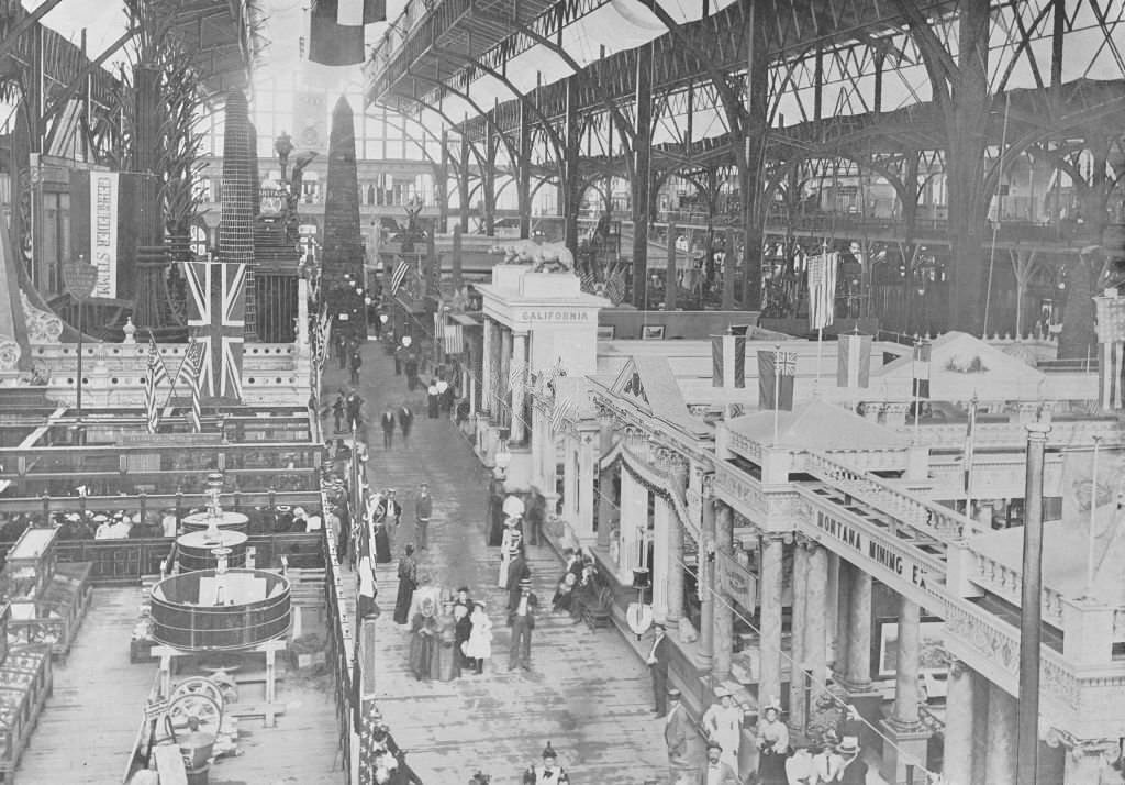 The interior of the Mining Buildings, Coal Exhibit and other attractive exhibits at the World's Columbian Exposition in Chicago, 1893.