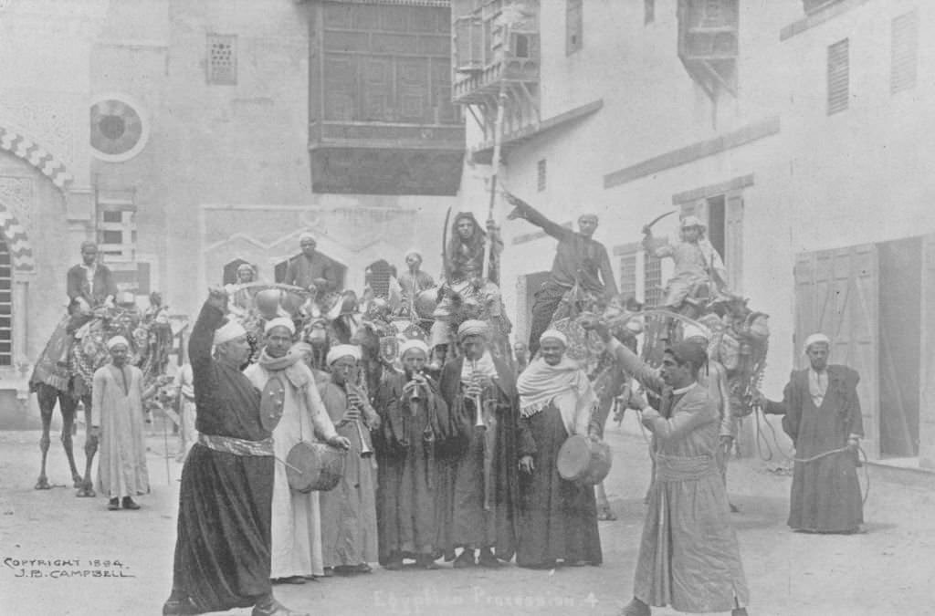 A sword contest and musicians in the Streets Of Cairo at the Midway Plaisance during the World's Columbian Exposition in Chicago, 1893.