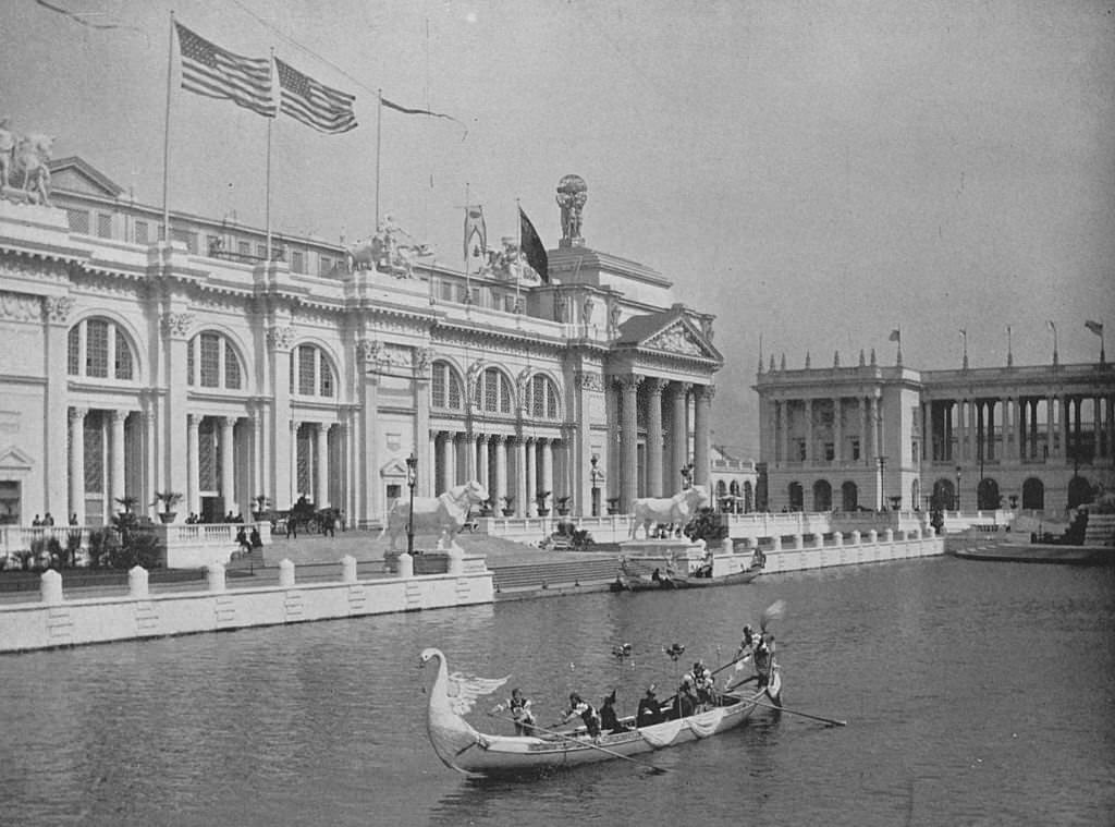 The Great Central Basin, Venetian Gondola In The Foreground at the World's Columbian Exposition in Chicago, Illinois, 1893.