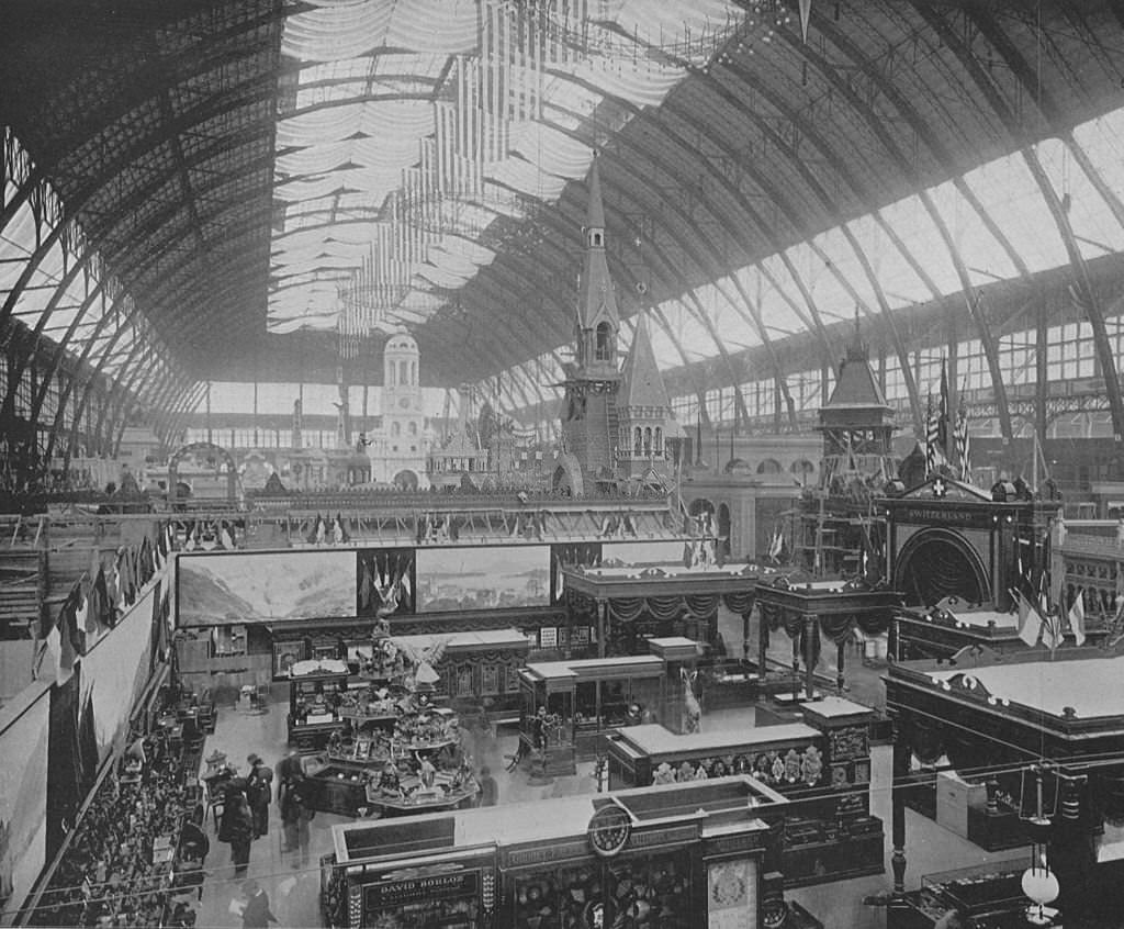 The interior of the Manufactures Building, looking north at the World's Columbian Exposition in Chicago, Illinois, 1893.