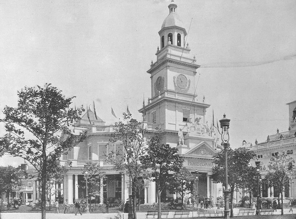 The Pennsylvania Building, showing the clock tower and main entrance at the World's Columbian Exposition in Chicago, 1893.