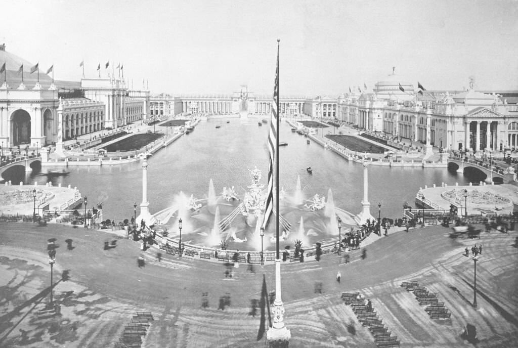 The Court of Honor, looking east from the Administration Building, showing MacMonnies' Fountain in action at the World's Columbian Exposition in Chicago, 1893.