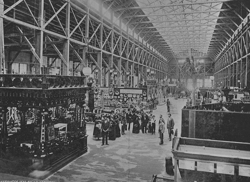 The central aisle of the Forestry Building and an exhibit of wooden wares at the World's Columbian Exposition in Chicago, 1893.