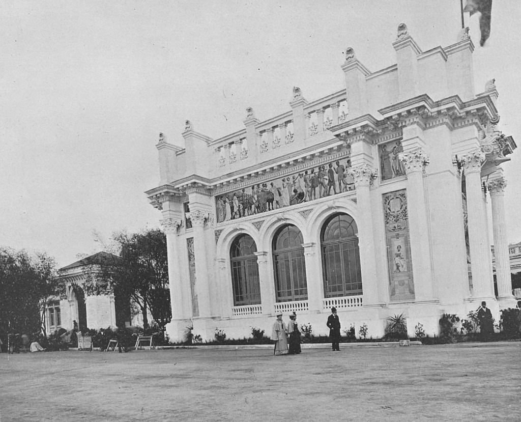 A section of the French Building showing decorative work at the World's Columbian Exposition in Chicago, Illinois, 1893.
