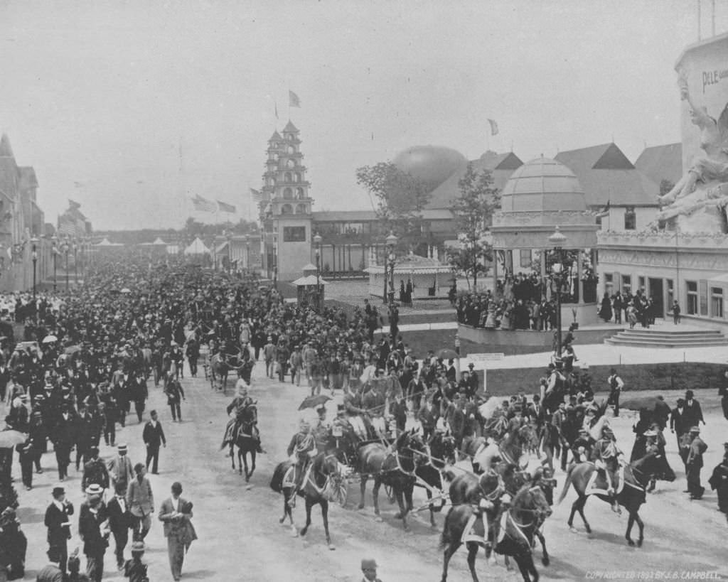 Princess Eulalia of Spain and her escort entering the Midway Plaisance at the World's Columbian Exposition in Chicago, Illinois, on Eulalia Day, June 8, 1893.