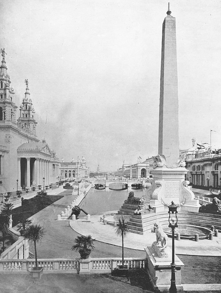 The lagoon from the Stock Pavilion with the Obelisk in the foreground at the World's Columbian Exposition in Chicago, Illinois, 1893.