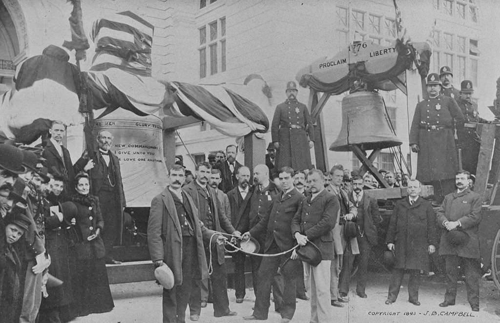 The meeting of the old and new Liberty Bells at the World's Columbian Exposition in Chicago, Illinois, 1893.