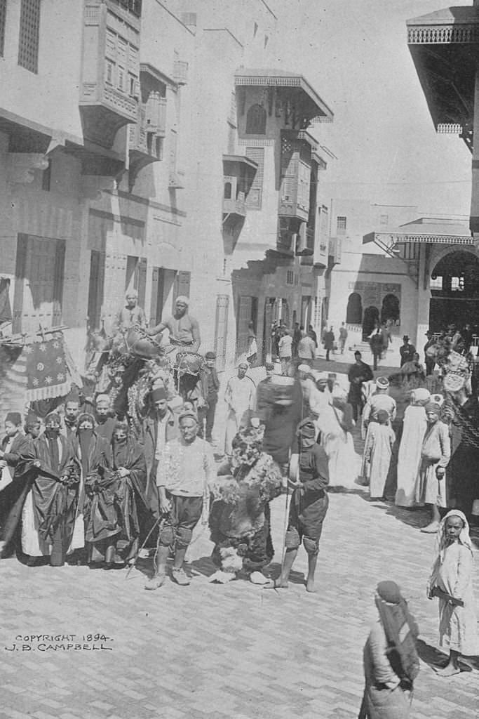 A scene in the Streets Of Cairo at the Midway Plaisance during the World's Columbian Exposition in Chicago, Illinois, 1893.