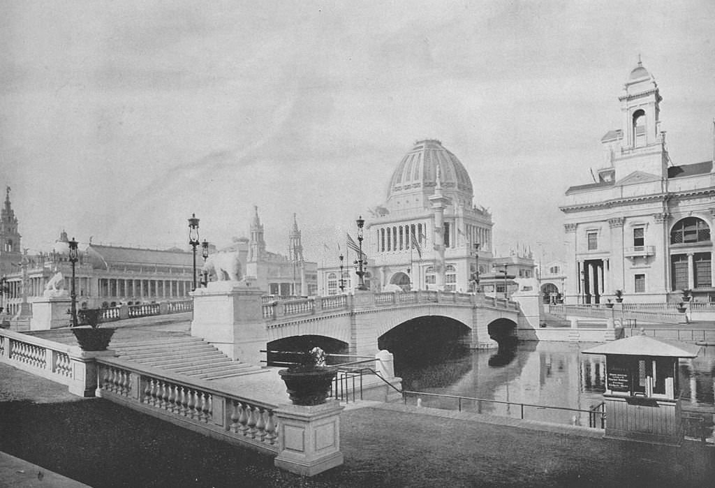 The bridge over the lagoon at the south end of the Electricity and Manufactures Buildings at the World's Columbian Exposition in Chicago, 1893.