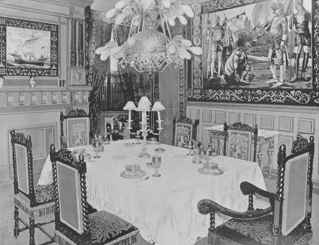 The interior of the 'Henry VIII Dining Room,' Singer Sewing Machine Company's exhibit, at the World's Columbian Exposition in Chicago, 1893.