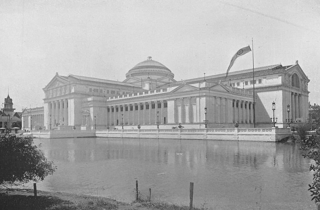 The south entrance of the Fine Arts Building, fronting on the lagoon at the World's Columbian Exposition in Chicago, Illinois, 1893.