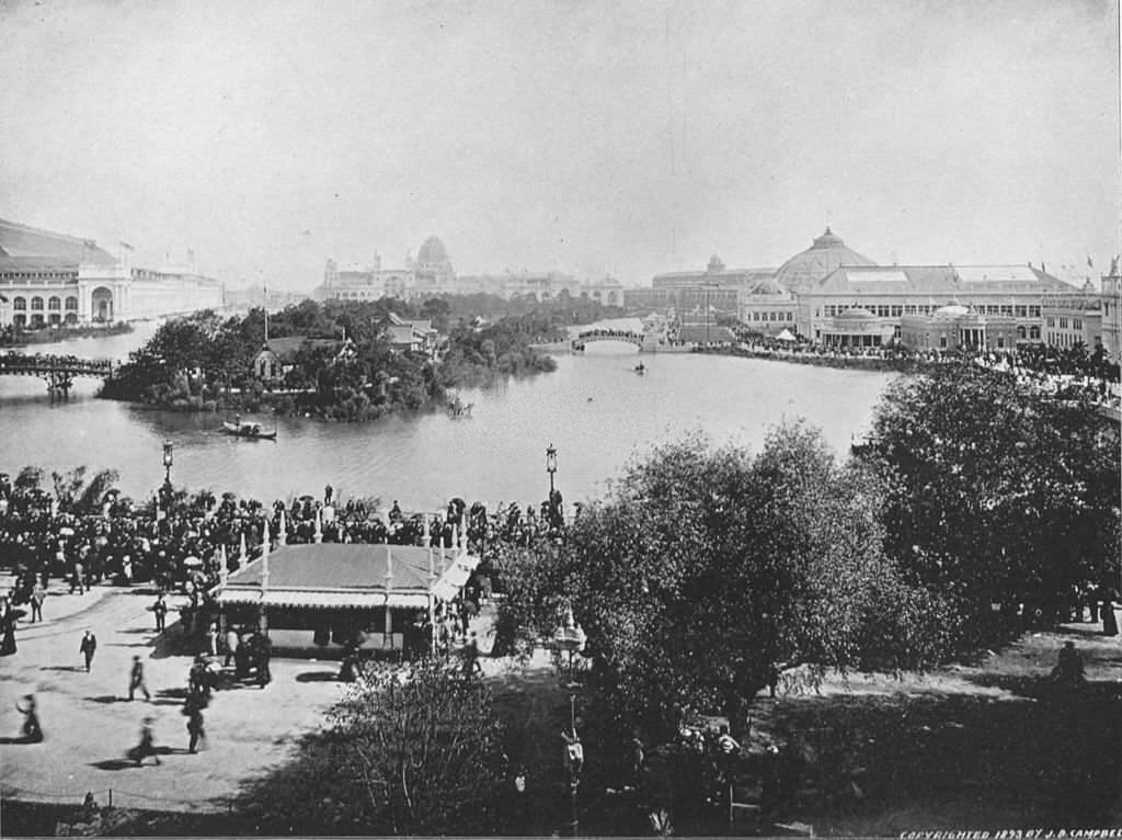 The Wooded Island and lagoons as they appeared from the plaza south of the Illinois Building at the World's Columbian Exposition in Chicago, 1893.