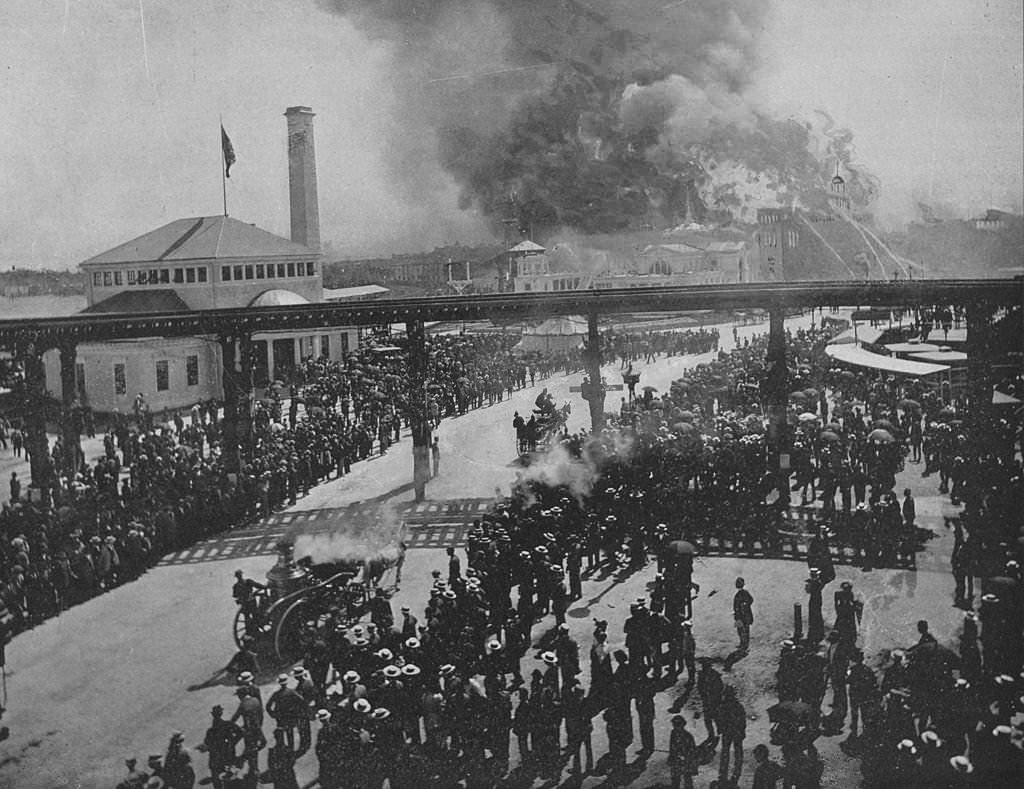 The burning of the Cold Storage Building at the World's Columbian Exposition on Monday, July 10, 1893.