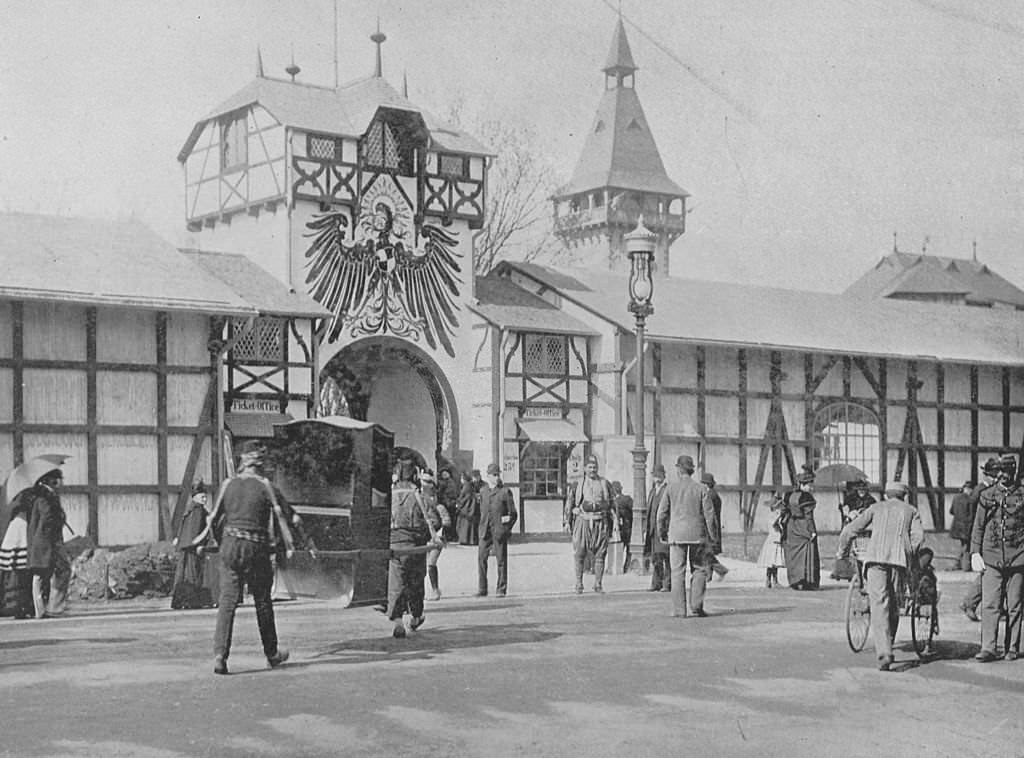 The main entrance to Germany Village at the Midway Plaisance at the World's Columbian Exposition in Chicago, Illinois, 1893.