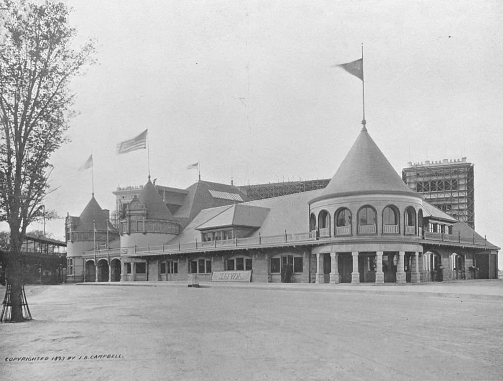 The view of the Iowa State Building at the World's Columbian Exposition in Chicago, Illinois, 1893.