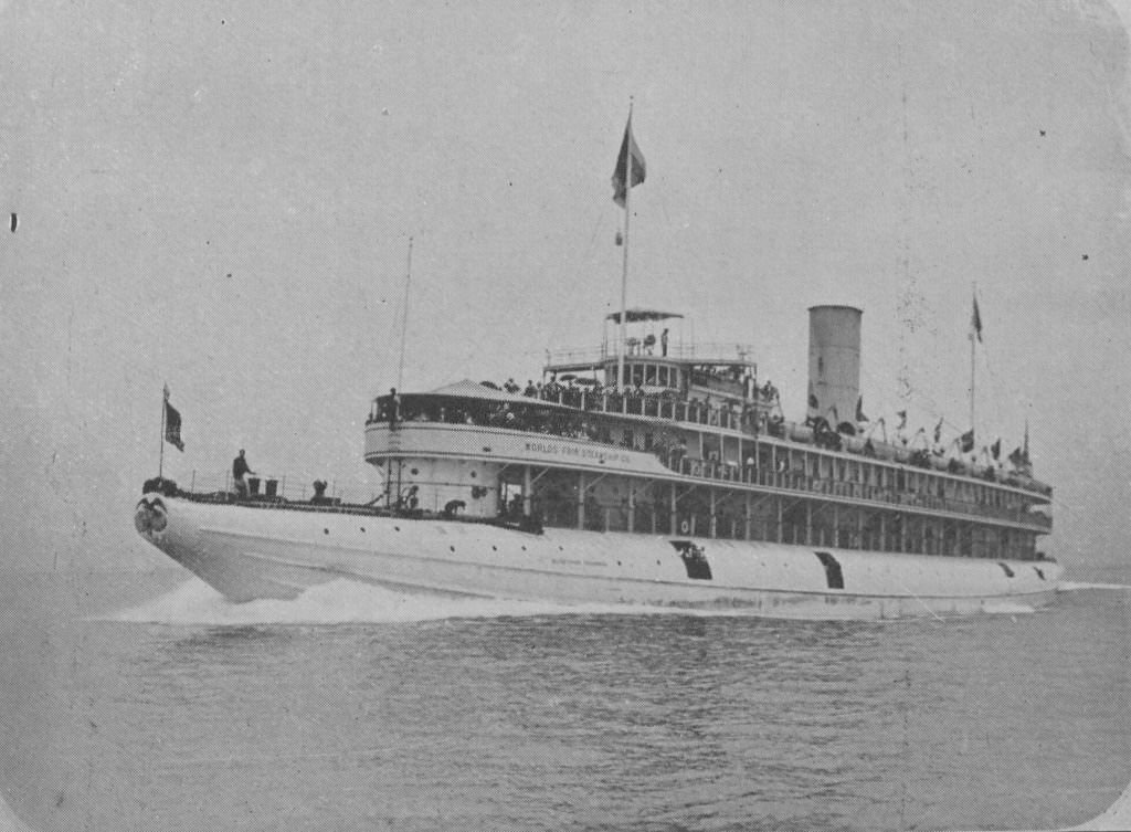 The Whaleback Steamer "Columbus" enroute to the fair at the World's Columbian Exposition in Chicago, Illinois, 1893.