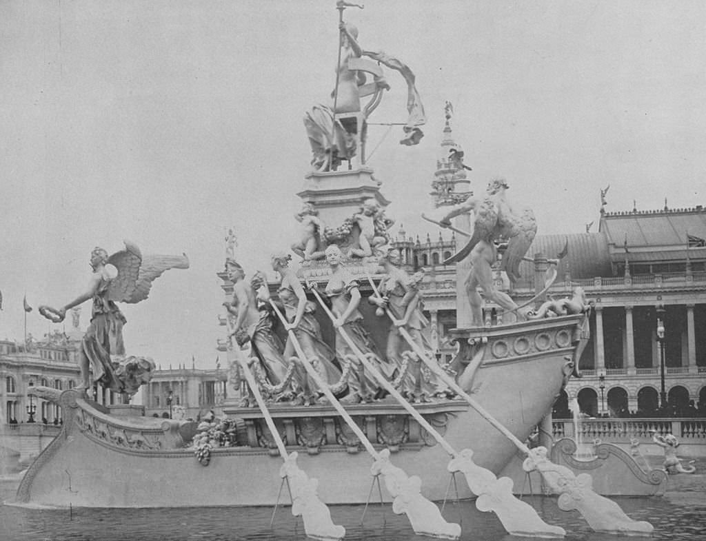 The north view of MacMonnies' Fountain, showing the various statuary in detail at the World's Columbian Exposition in Chicago, Illinois, 1893.