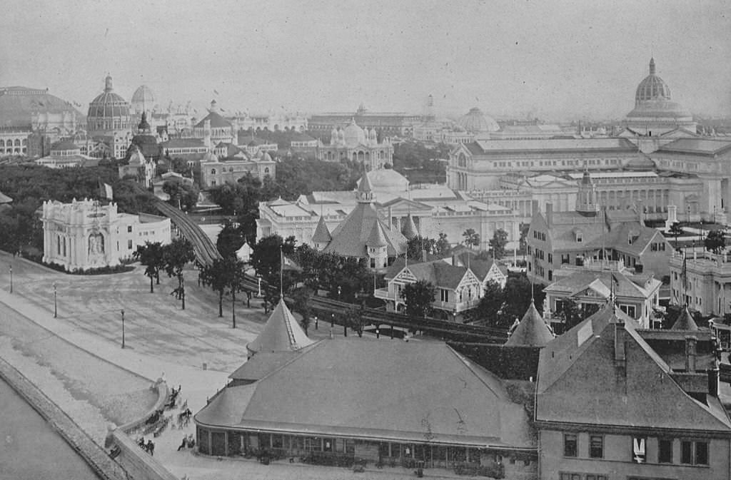 The north end of the exposition grounds looking south from the Iowa State Building at the World's Columbian Exposition in Chicago, 1893.