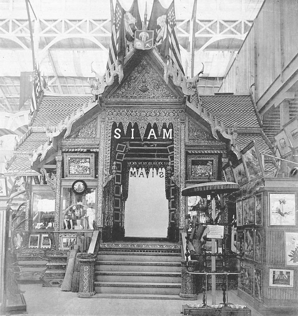 The Pagoda and the exhibit made by Siam in the Manufactures Building at the World's Columbian Exposition in Chicago, 1893.