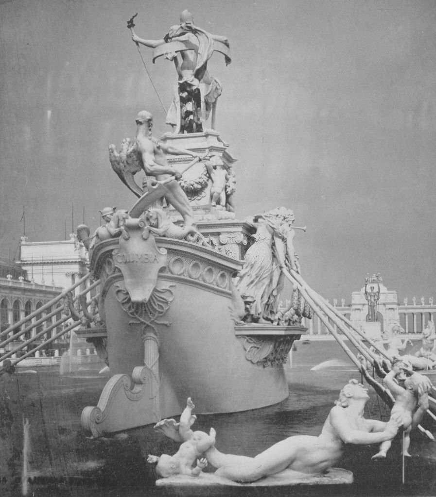 A rear view of MacMonnies' Fountain facing the Administration Plaza at the World's Columbian Exposition in Chicago, Illinois, 1893.