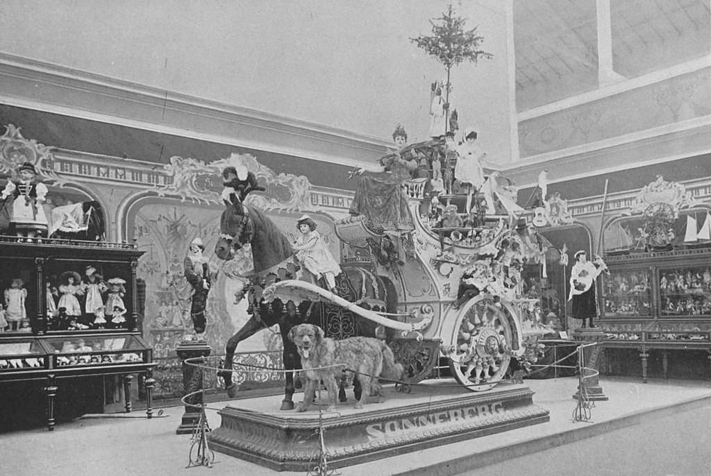 The German toy exhibit in the Manufactures Building at the World's Columbian Exposition in Chicago, 1893.