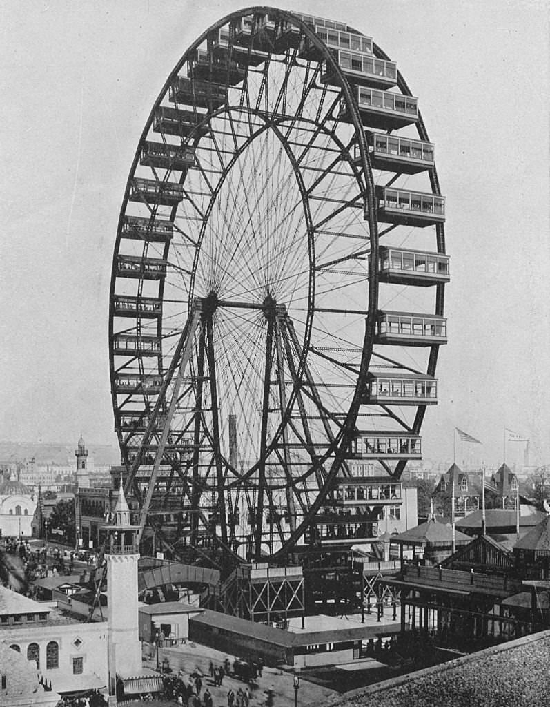 The Ferris Wheel on the Midway Plaisance at the World's Columbian Exposition in Chicago, Illinois, 1893.