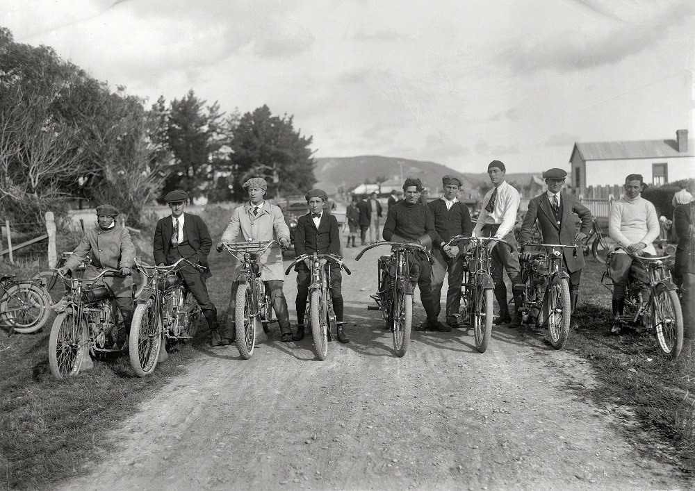 Young men on motorcycles, probably Wanganui region, New Zealand circa 1920