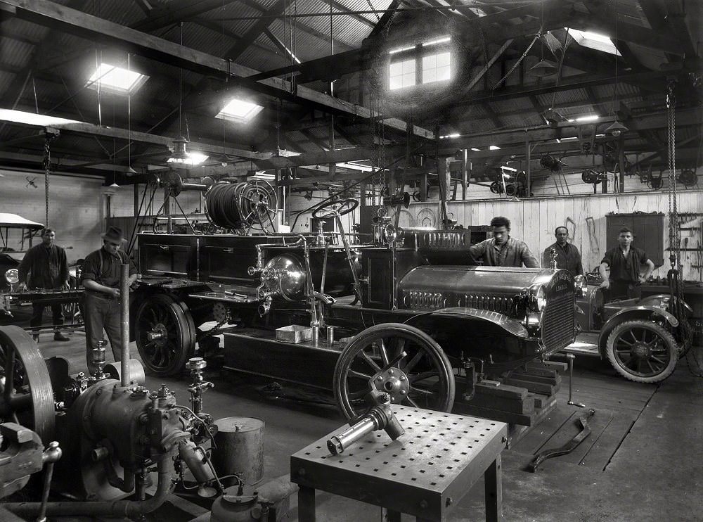 Wanganui Fire Brigade's Merryweather fire engine on blocks, probably in Chavannes Garage, New Zealand circa 1921