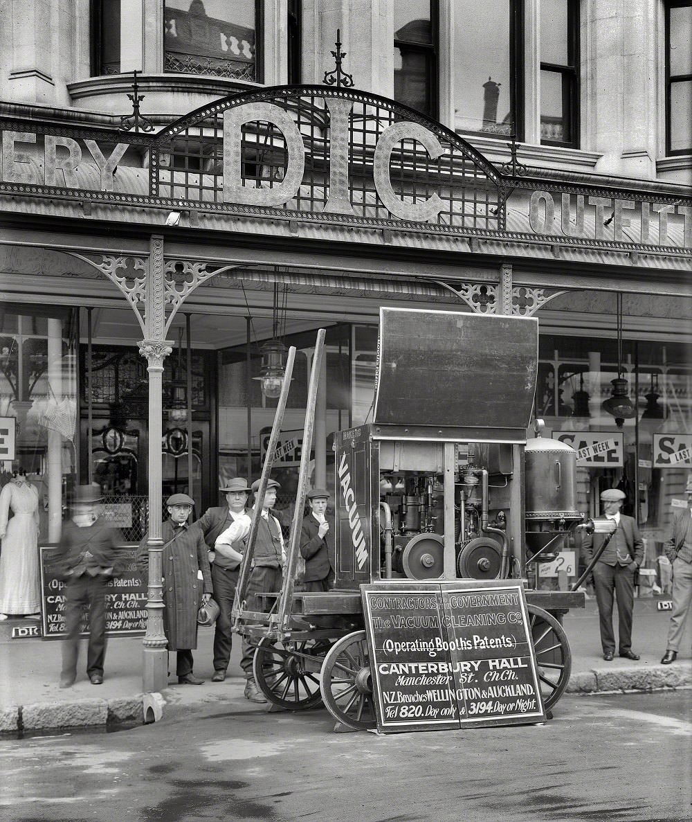 Vacuum Cleaning Company machine at DIC store, Christchurch, New Zealand, circa 1910
