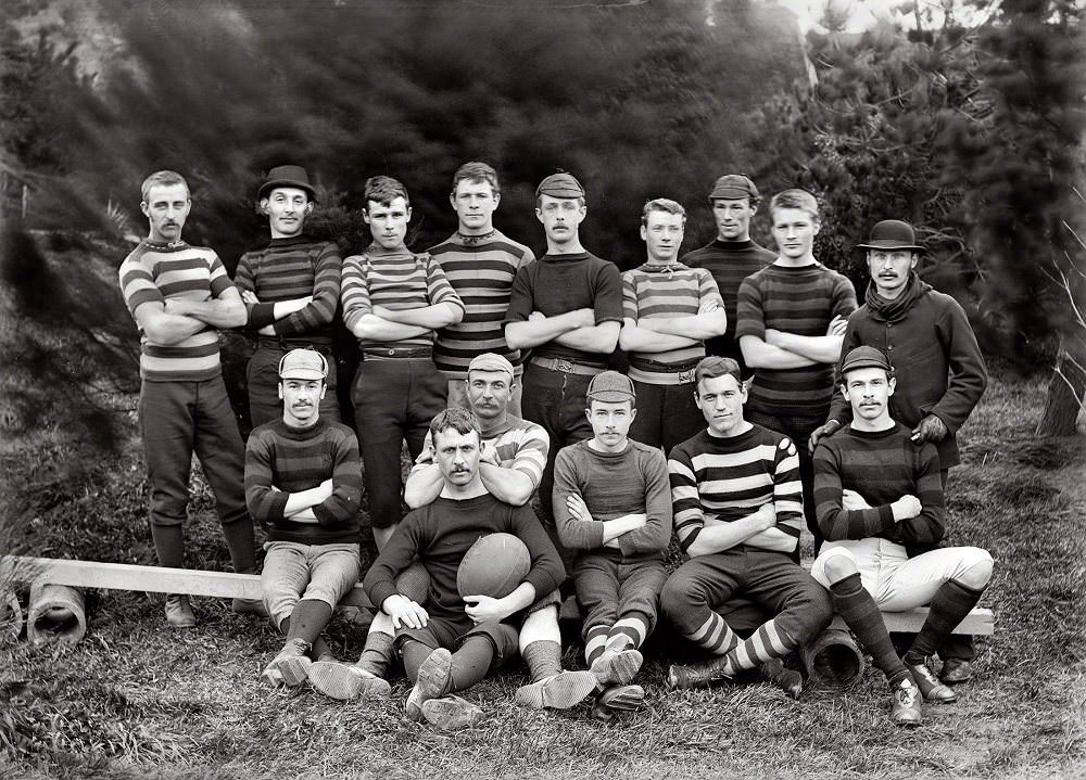 Post and Telegraph Department football team with men in rugby football kit, Wellington, New Zealand, 1890