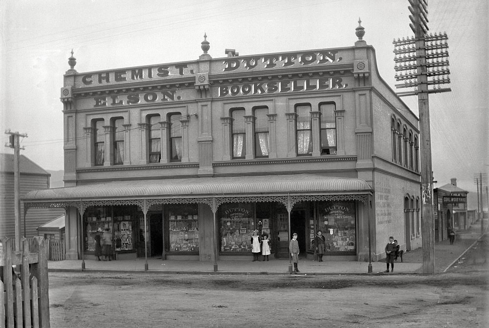 Elson chemist and Dutton bookshop on Courtenay Place, Wellington, between 1896 and 1897