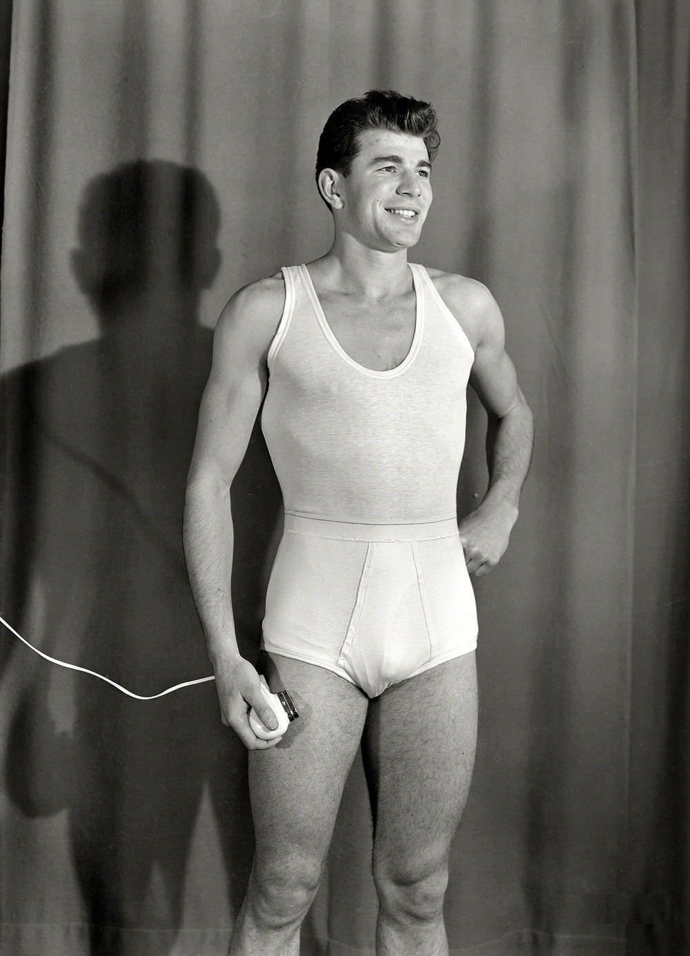 Men's underwear being modeled, Wellington, New Zealand circa 1958
