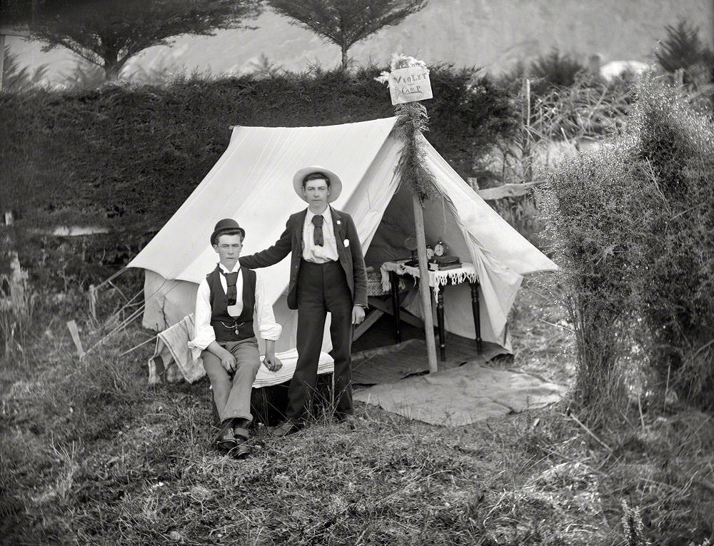 Men in front of 'Violet Camp' tent, Christchurch, New Zealand circa 1905