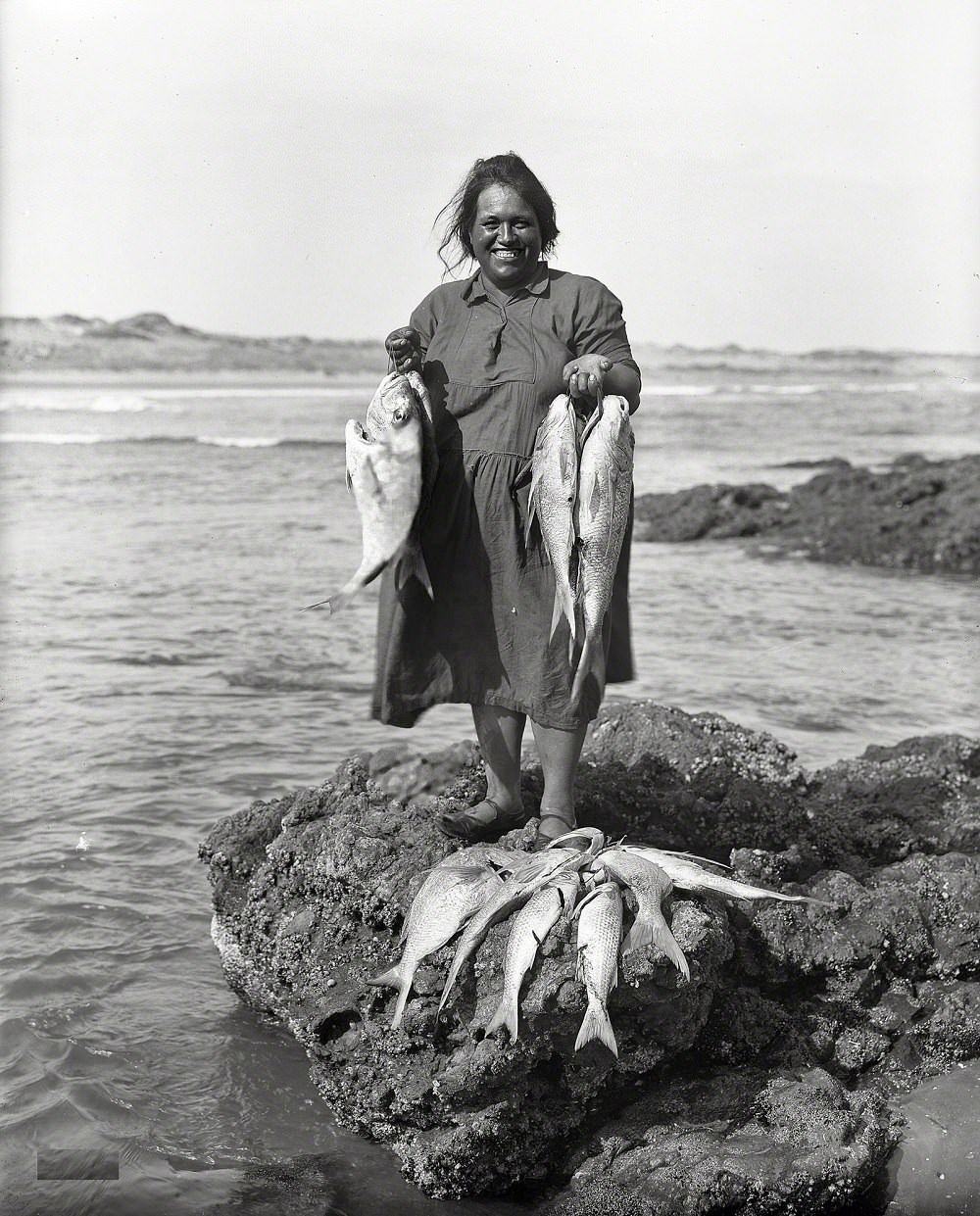 Maori woman with a catch of fish on the Northland coast, 1910