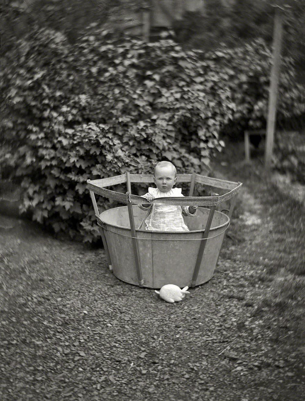 Edgar Richard Williams, in a play pen tub with toy rabbit alongside, at Viewbank, Maitland Street, Dunedin, New Zealand, 1890s