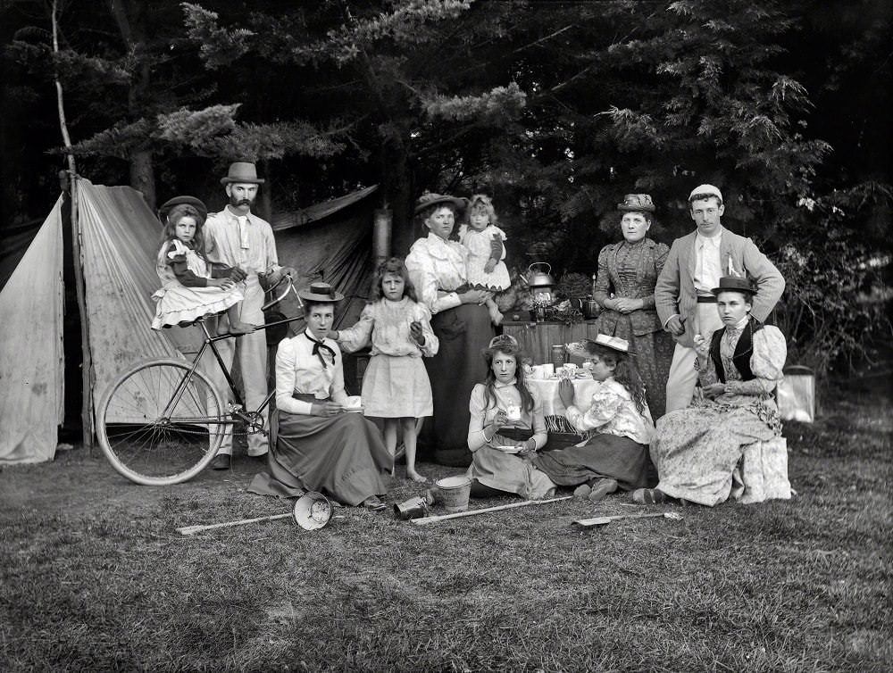 Unidentified group outside a tent, possibly at Sumner, Christchurch, New Zealand circa 1910