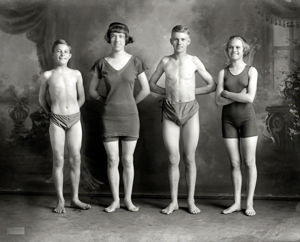 Young people in swimming costumes, Christchurch, New Zealand, 1920