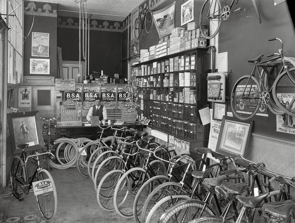 Cycle shop interior. Christchurch, New Zealand, 1910