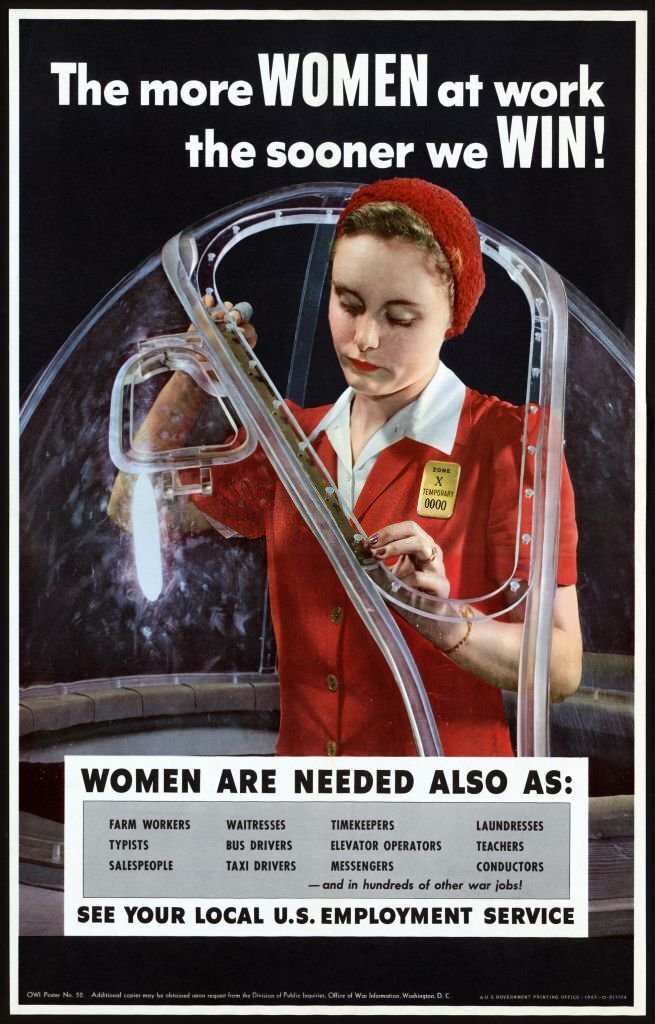 World War II, American propaganda poster showing a woman working in an airplane factory.