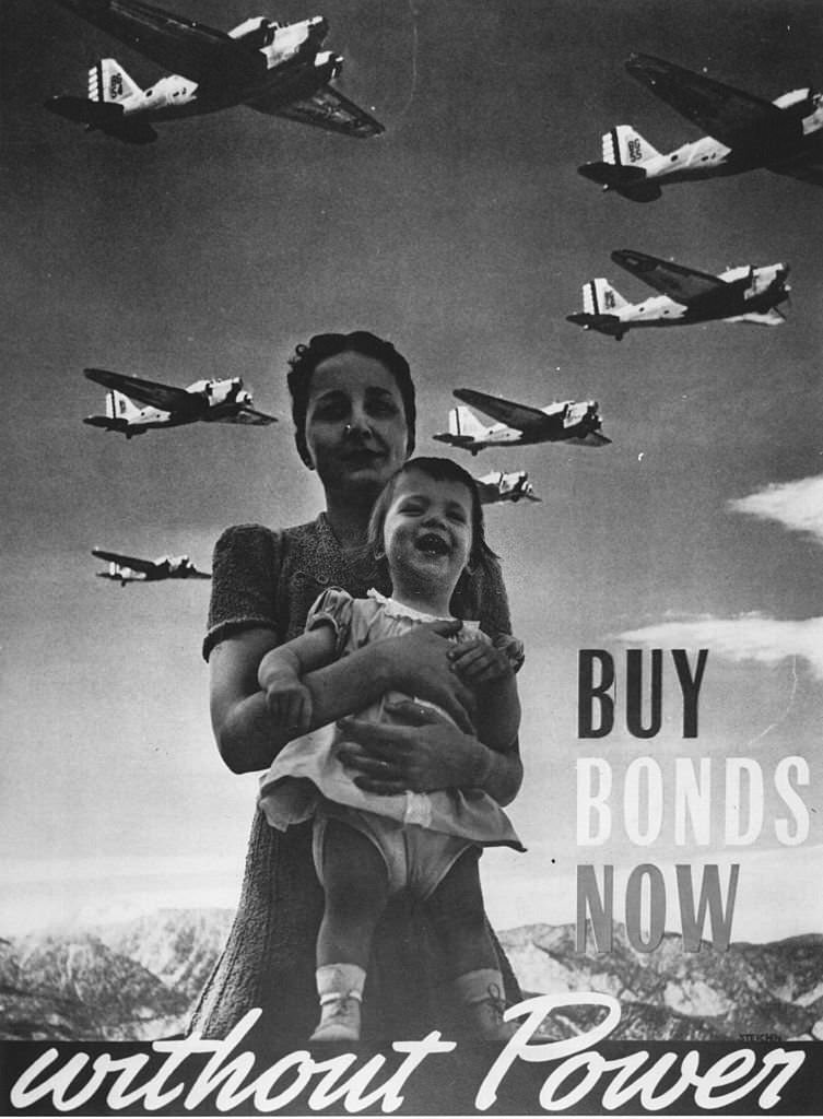 An American war time poster featuring a mother and child, and war planes flying overhead, urging people to buy 'bonds'.