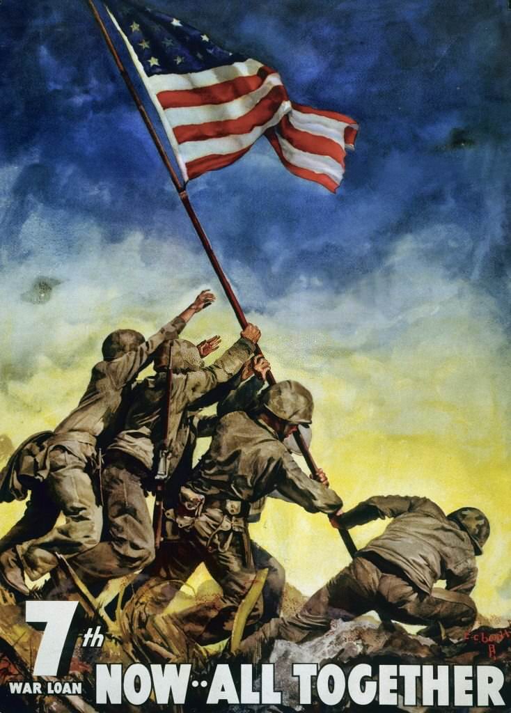 World War Two commemorative propaganda poster, showing U.S. Marines raising flag at Iwo Jima, during the advance on Japan in the Pacific war.