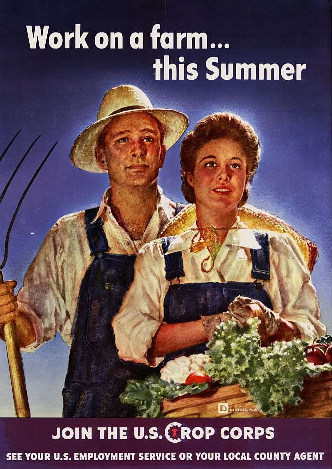 Propaganda poster from WWII advertising the importance of helping the war effort through farm employment.