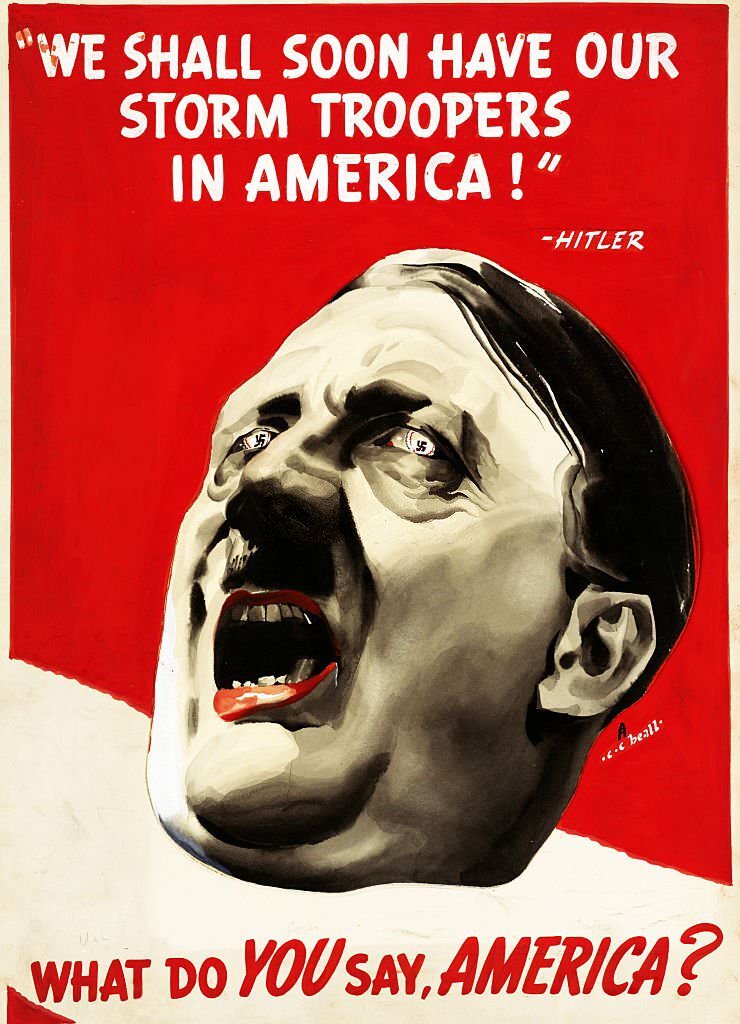 Anti-Nazi propaganda poster (American) during World war two 1943. 'We Shall Soon Have Our Storm Troopers In America!-Hitler.
