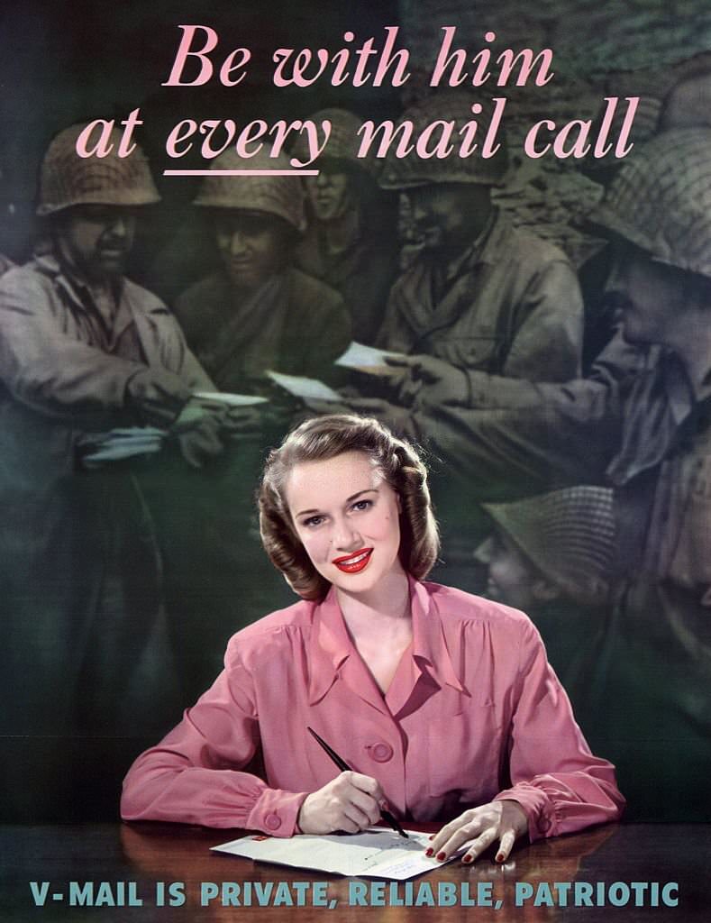 World war two, American propaganda poster encouraging women to write to servicemen.
