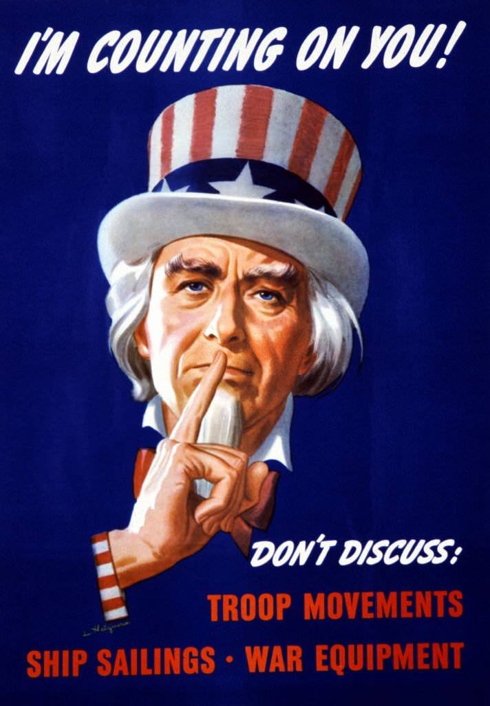World War II, American propaganda poster showing Uncle Sam holding his index finger to his lips, indicating silence.
