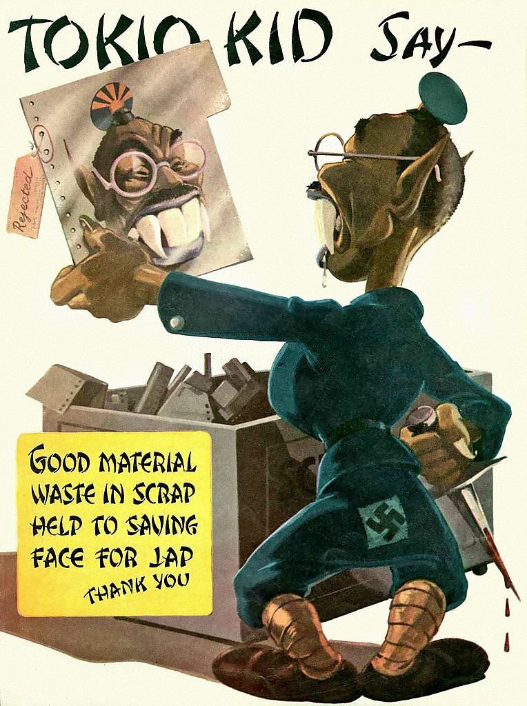 Propaganda poster showing caricature of a Japanese man, with bloody dagger behind his back, looking at his reflection in a piece of scrap metal.