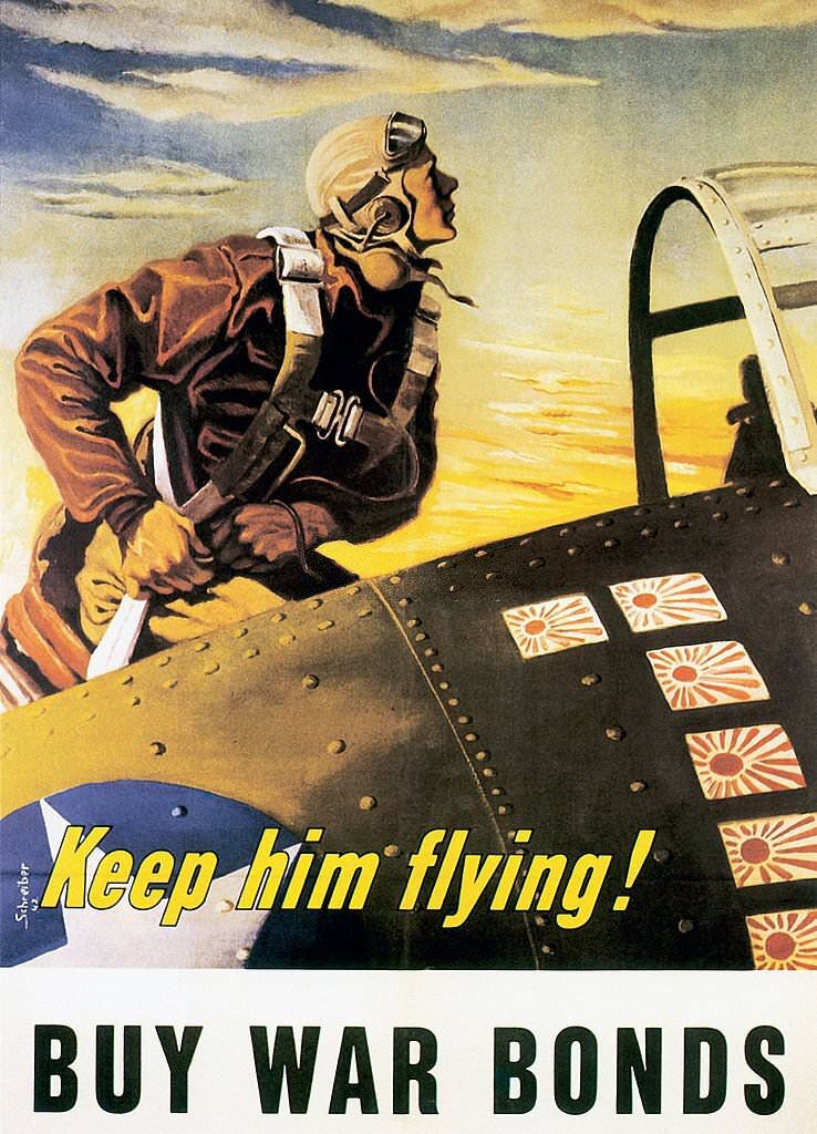 Poster showing a pilot getting ready to get into his cockpit . The Japanese flags pasted on the side of his plane represent the number of kills he has.